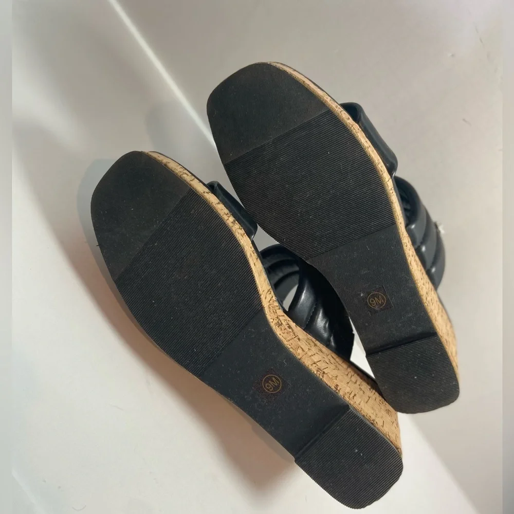 Anne Klein~Neutral~Black~Faux Leather~Open Toe~Slip-On Cork Wedge Sandal~Size 9